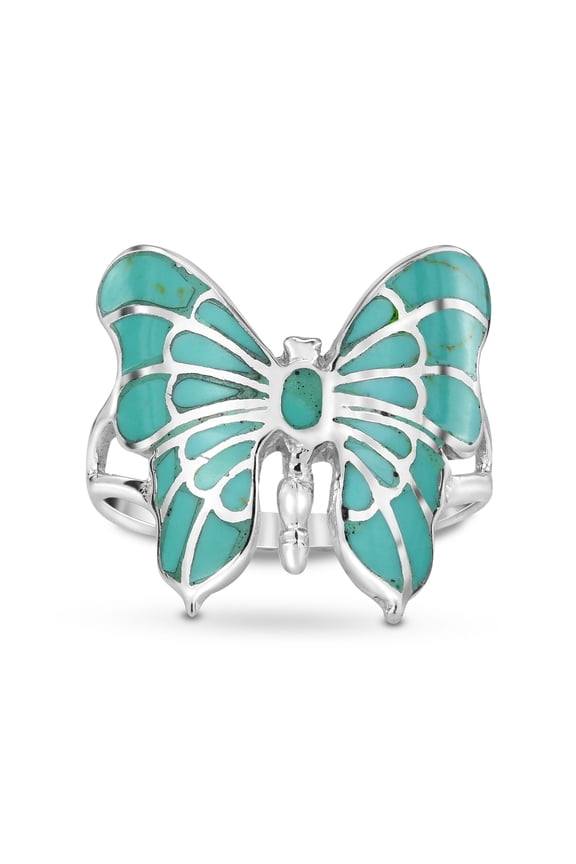 Exotic Graceful Butterfly Green Turquoise Inlay Sterling Silver Ring-6