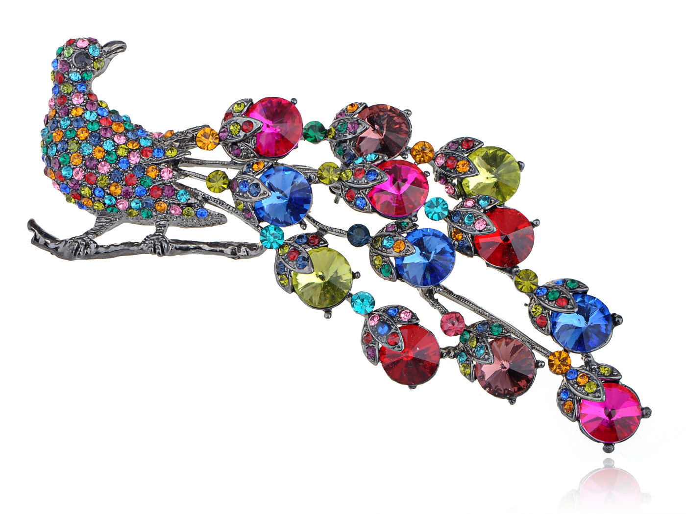 Exotic Gunmetal Neon Colorful Crystal Rhinestone Peacock Tail Bird ...