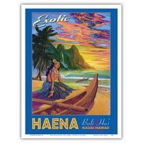 Exotic Haena Beach - Kauai Hawaii - Bali Hai Makana Mountain - Vintage Hawaiian Travel Poster by Rick Sharp - Master Art Print (Unframed) 9in x 12in