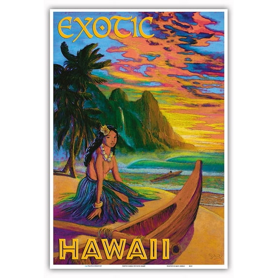 Exotic Hawaii - Hawaiian Hula Girl - Vintage Hawaiian Travel Poster by Rick Sharp - Master Art Print (Unframed) 13in x 19in