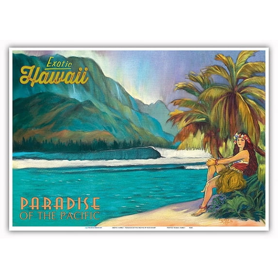 Exotic Hawaii - Paradise of the Pacific - Hawaiian Hula Dancer - Vintage Hawaiian Travel Poster by Rick Sharp - Master Art Print 10in x 14in