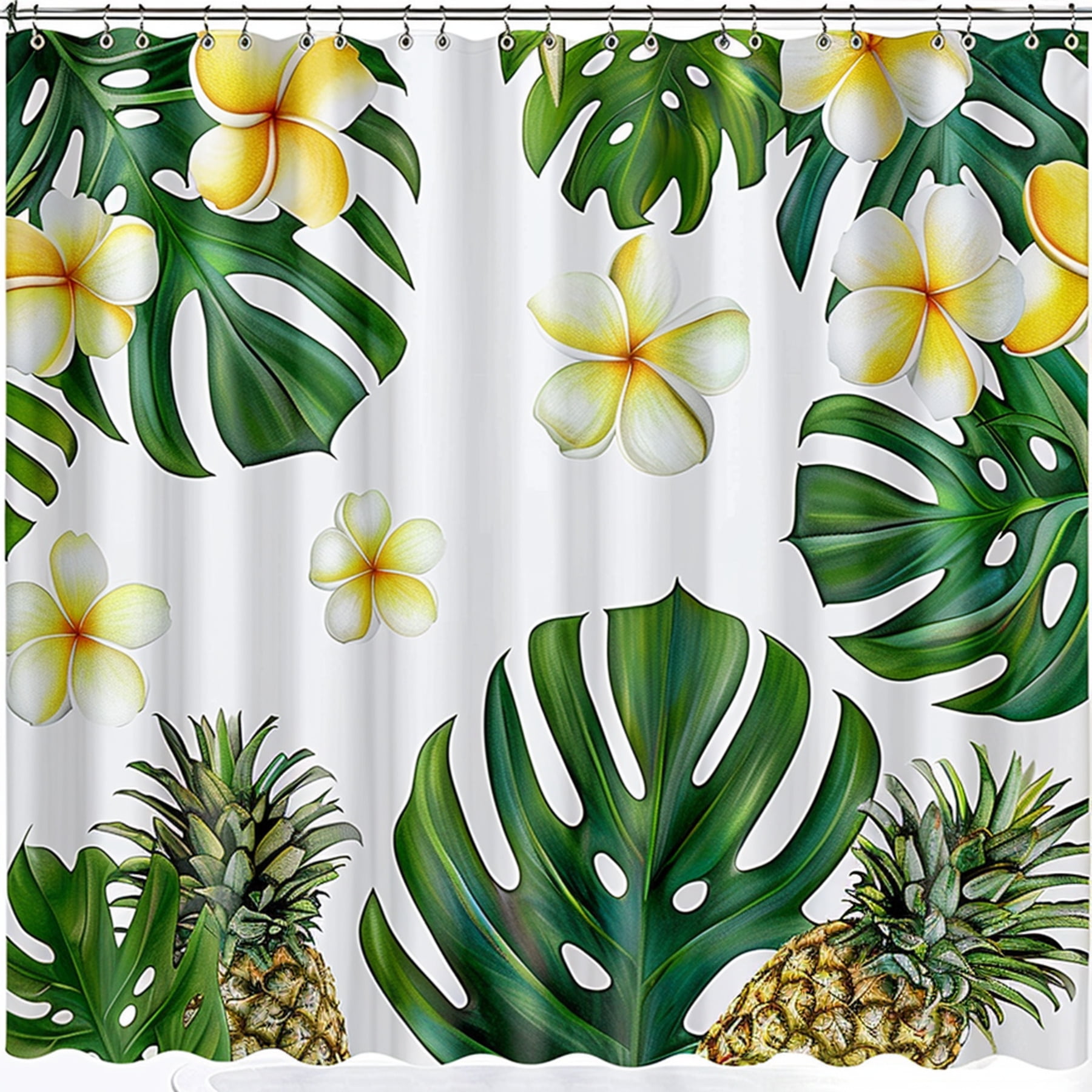 Exotic Hawaiian Floral Shower Curtain Tropical Paradise Design with Pineapple and Monstera