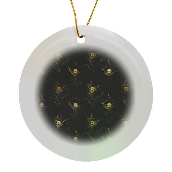 3drose, Exotic Image of Gold Peacock Feathers on Black Pattern, Circle Porcelain Ornament