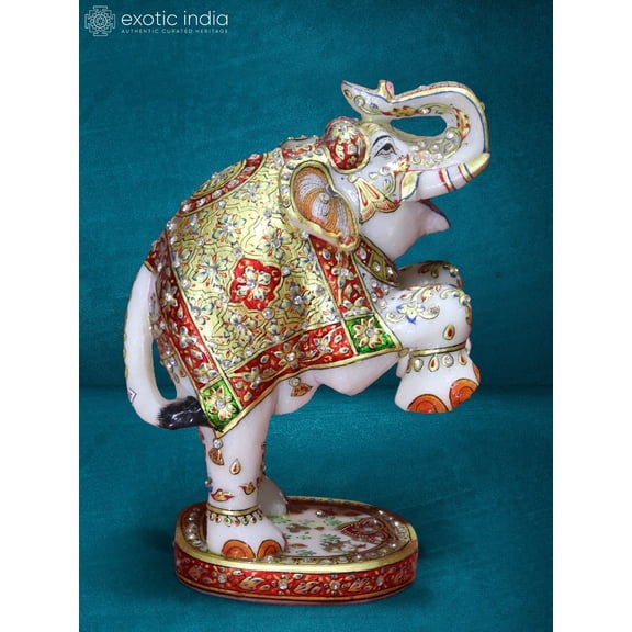 Exotic India 10" Marble Meenakari Elephant Statue In White Marble - Tabletop Accent