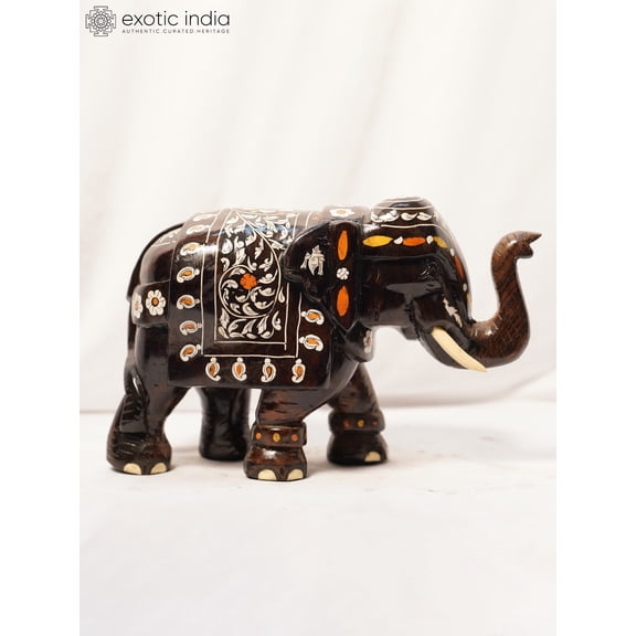 Exotic India 10" Roaring Elephant Figurine in Rosewood, Handmade Wooden Animal Sculpture for Office & Living Room Decor