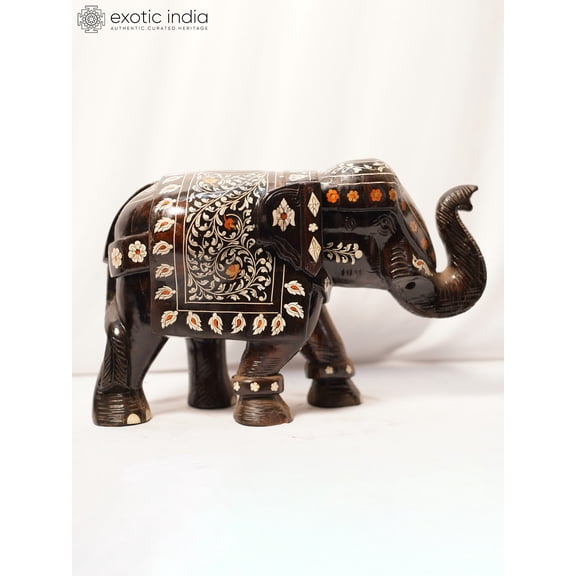 Exotic India 12" Elephant Statue with Inlay Work in Rosewood, Handmade Wooden Home Decor Figurine