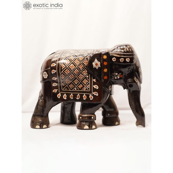 Exotic India 13" Standing Elephant Sculpture in Rosewood - Handcrafted Wooden Inlay Art Showpiece