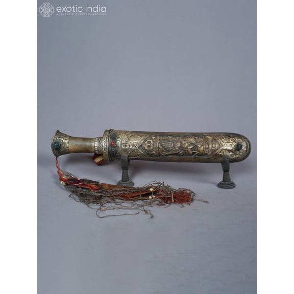 Exotic India 14" White Metal Tibetan Mahakala Knife - Buddhist Ritual Interior Accent