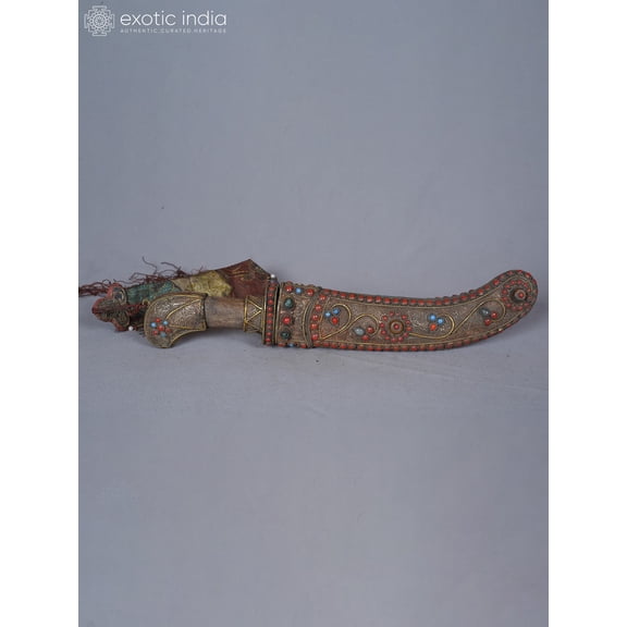 Exotic India 15" White Metal Buddhist Knife With Stone Work - Traditional Ritual Decor