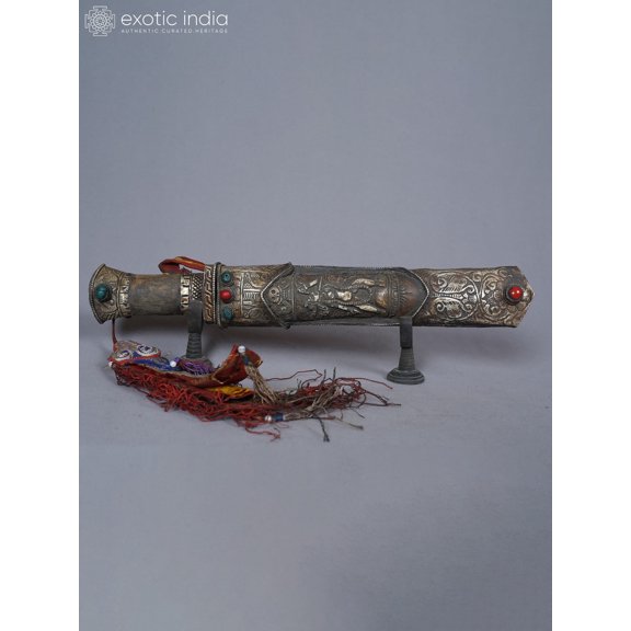 Exotic India 15" White Metal Tibetan Ceremonial Decor Accent
