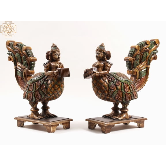 Exotic India 24" Mythical Gandharva Pair Sculpture in Wood - Hand Carved Decorative Figurines for Home Decor