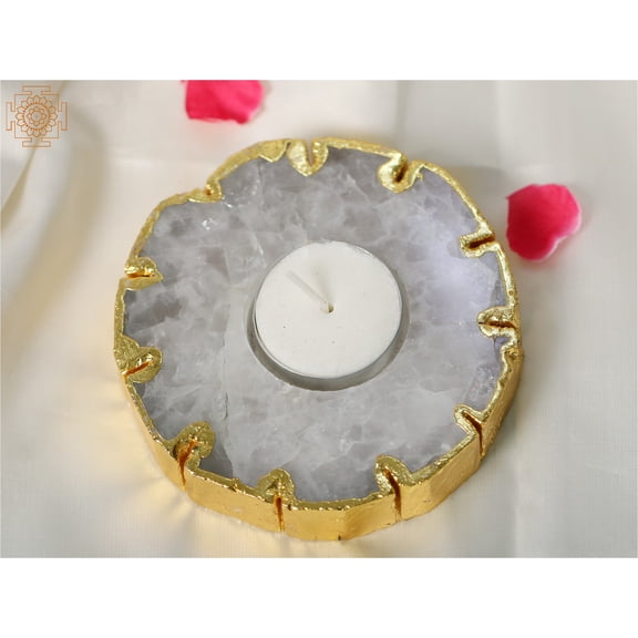 Exotic India 4" Gemstone Natural White Quartz Candle Holder With Edge - Decorative Home Accent
