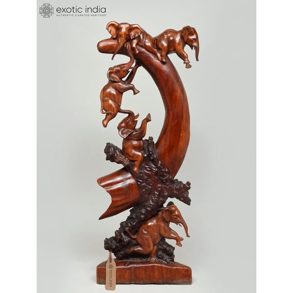 Exotic India 40" Wood Multi Elephant Carved Sculpture - Large Statement Interior Accent