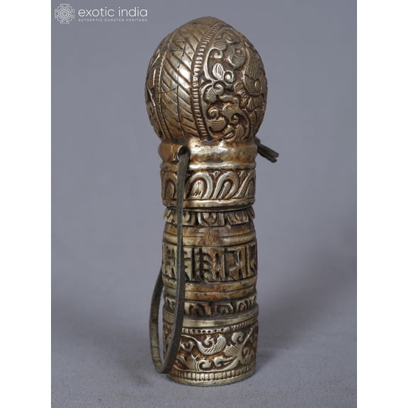 Exotic India 5" White Metal Tibetan Stamp With Lotus Symbol - Traditional Decor