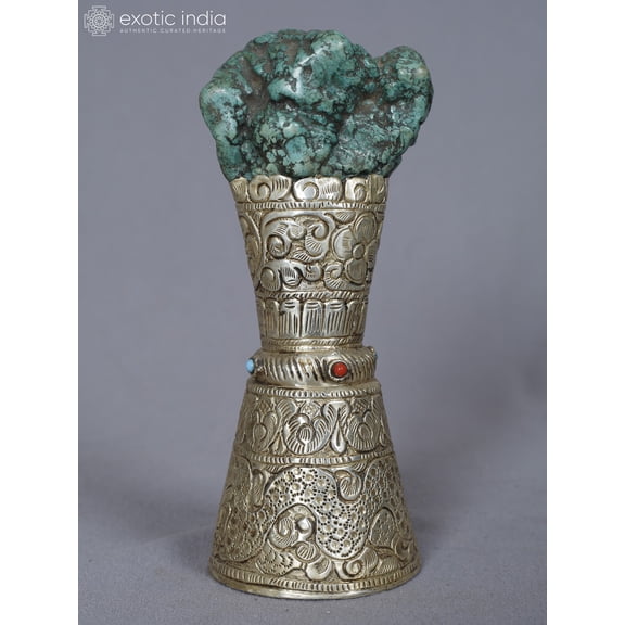 Exotic India 6" White Metal Hand Stamp - Hand Carved Buddhist Ritual Decor