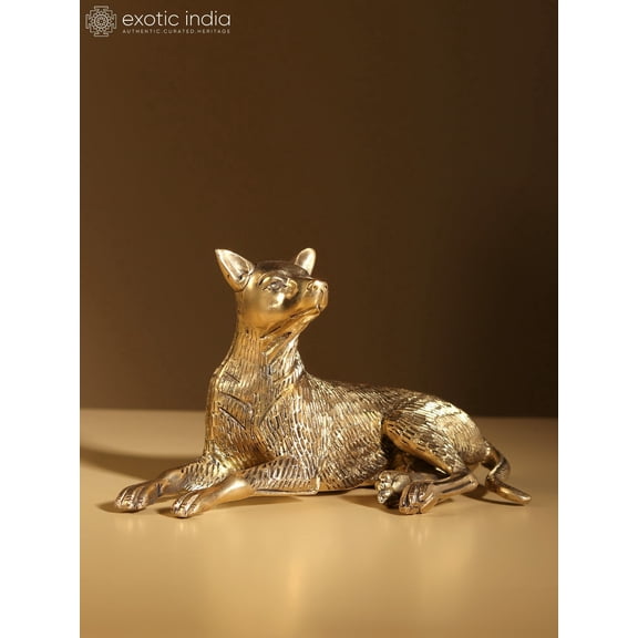 Exotic India 8" Brass Decorative German Shepherd Dog Sculpture For Tabletop Decoration