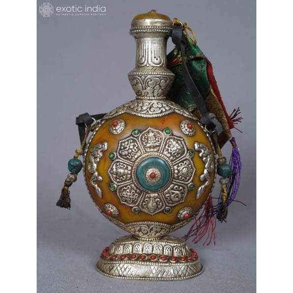 Exotic India 8" White Metal Snuff Bottle With Ashtamangala Symbols - Tibetan Decor Accent