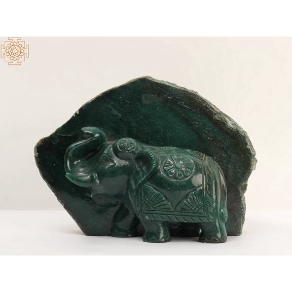 Exotic India 9" Stone Walking Elephant In Jade Stone Jade Stone Statue | Living Room Decor
