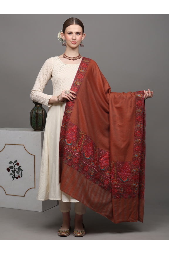Aragon Plain Pure Pashmina Handloom Shawl from Kashmir with Intricate Sozni Embroidered Paisleys on Border