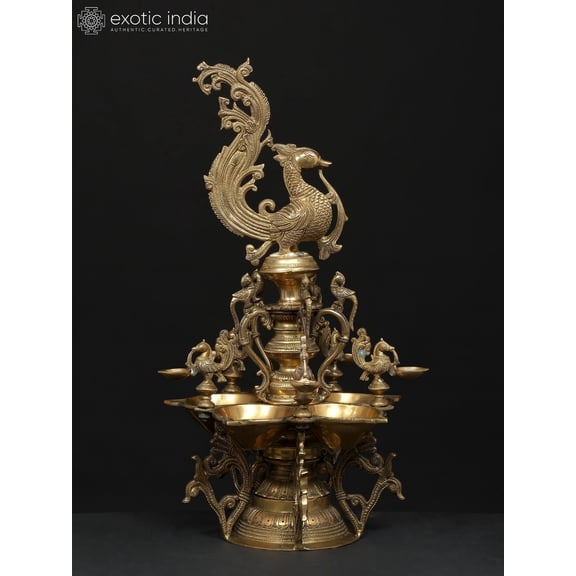 22 Inch Auspicious Peacock Lamp Brass - Grand Handmade Diya