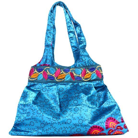 Azure Printed Shopper Bag with Embroidered Patch Border