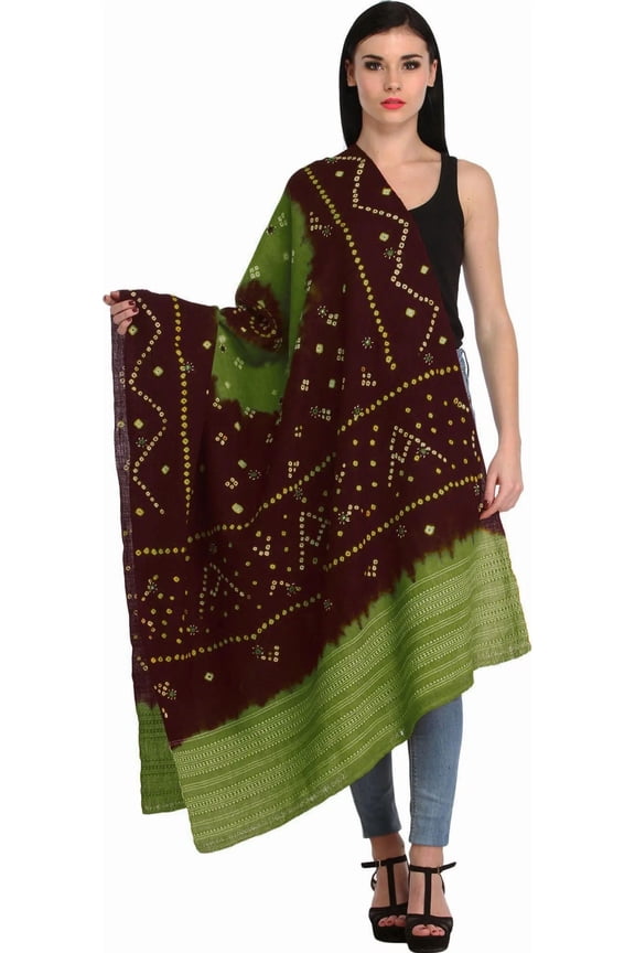 Bandhani Tie-Dye Shawl from Kutch with Embroidered Mirrors - Pure Wool