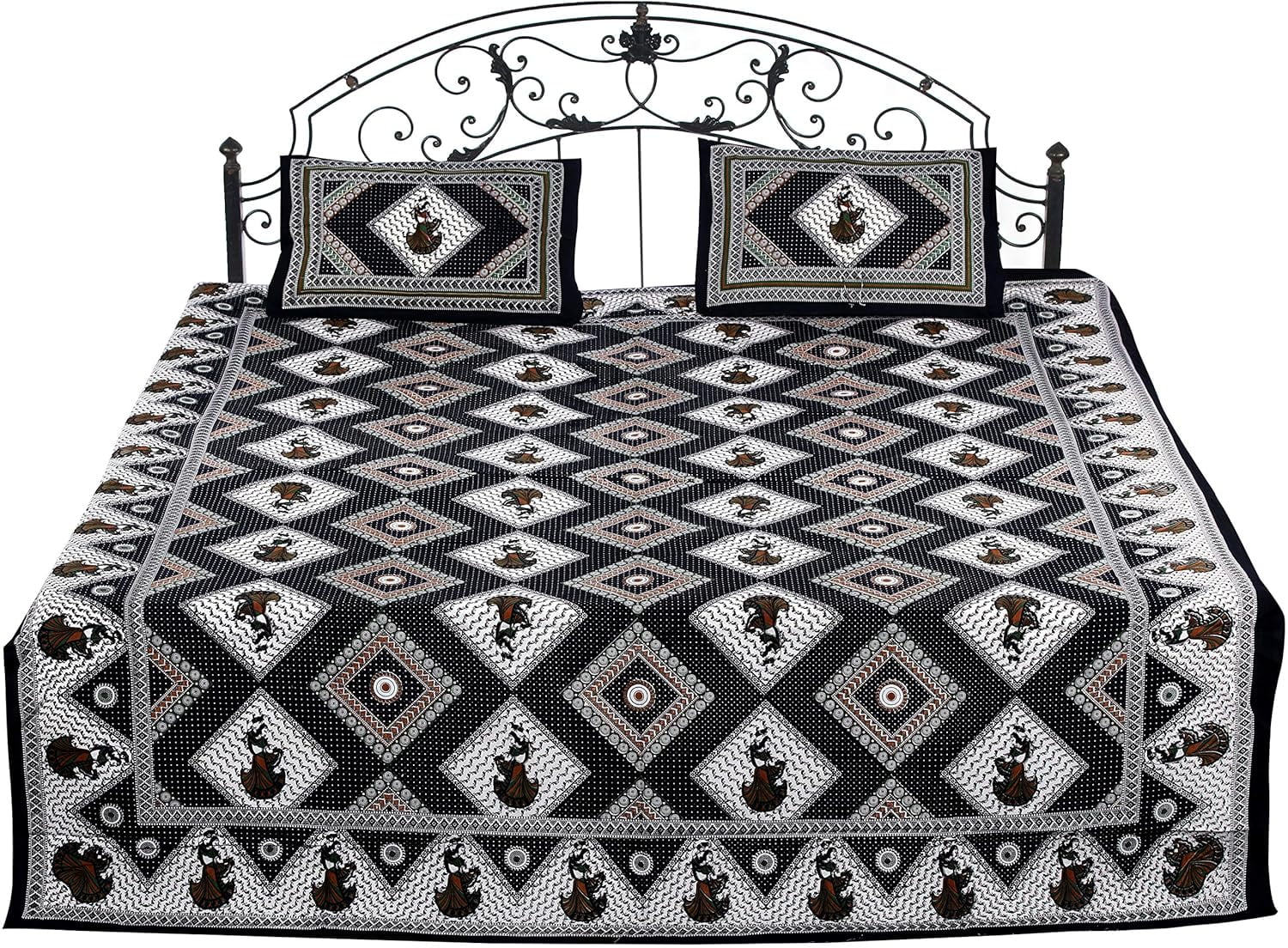 Exotic India Bedspread from Jaipur with Printed Rhombus and Dancing ...