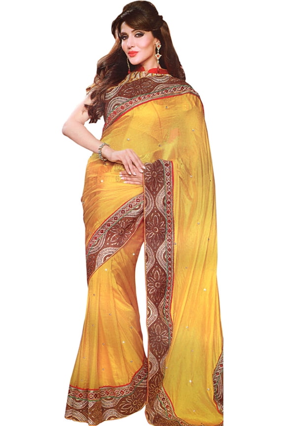 Beeswax-Yellow Designer Saree with Heavy Embroidered Patch Border