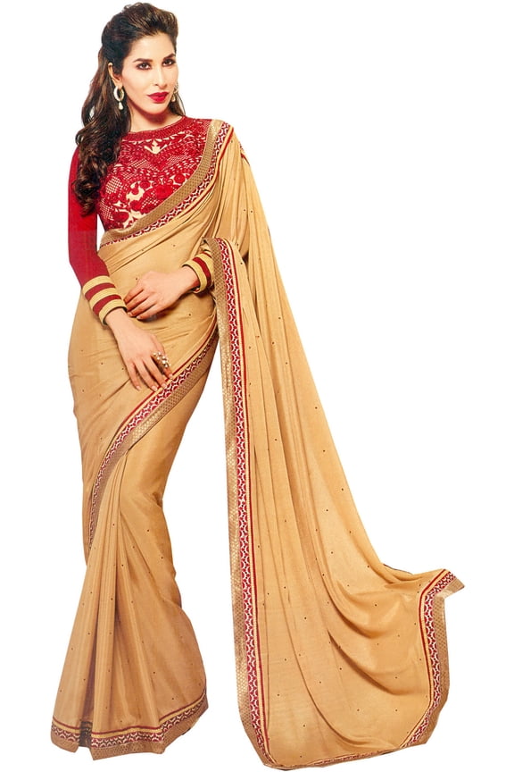 Beige and Red Designer Sari with Patch Border and Embroidered Blouse