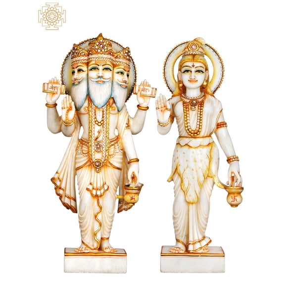 Haloed Brahma-Brahmani White Marble Statue - Divine Spiritual Art for Home & Temple