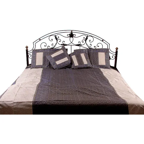 Exotic India Silk Blue and Ivory Bedcover with All-Over Weave From Banaras (Set of 5)