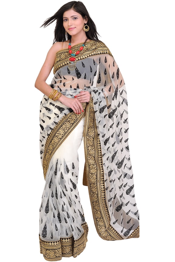 Bright-White Wedding Saree with Thread Embroidered Leaves and Patch Border