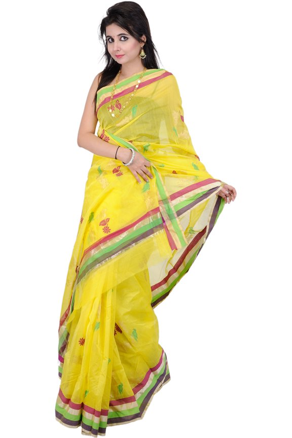 Buttercup-Yellow Chanderi Saree with Hand-Woven Birds and Striped Border