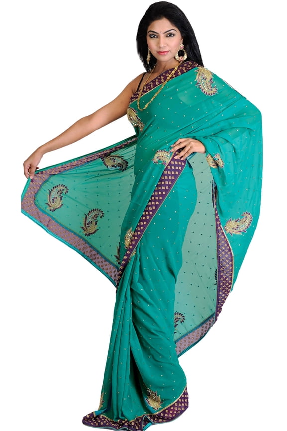 Cadmium-Green Wedding Saree with Beaded Paisleys and Contrast Border