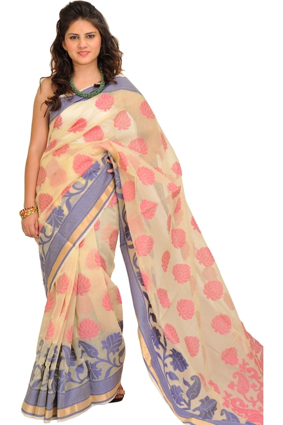 Cream Banarasi Sari with Woven Large Bootis and Paisleys on Pallu