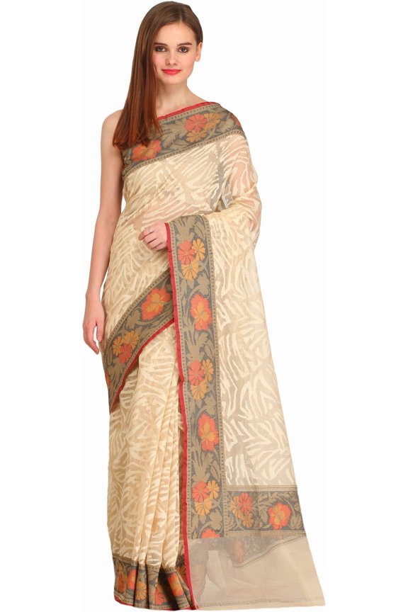 Cream Self-Weave Net Saree from Banaras with Hand-Woven Flowers on Border