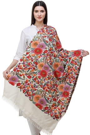 Cream Stole from Kashmir with Hand-Embroidered Multicolor flowers All-Over