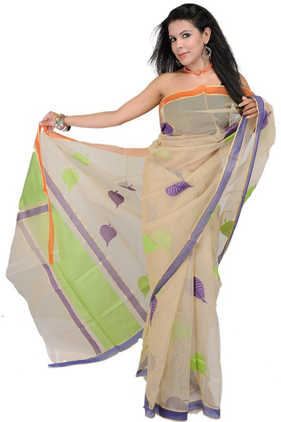 Creme-Brulee Net Saree with Woven Indian-Oak Leaves