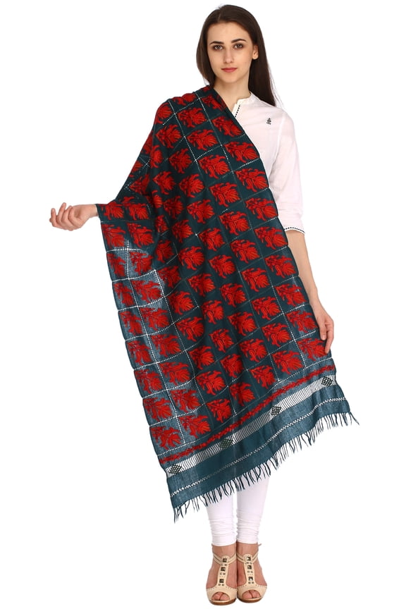 Deep Teal Stole from Kashmir with Aari-Embroidered Paisley and Cutwork