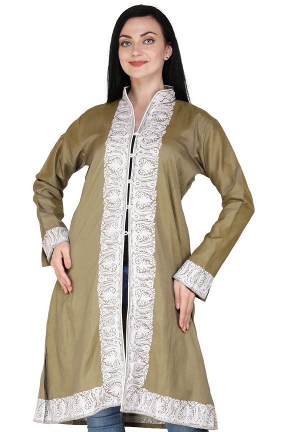 Dried-Herb Long Kashmiri Jacket with Aari Embroidered Florals on Neck and Border