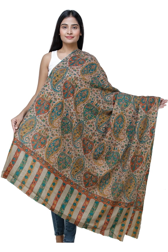 Dune-Brown Kani Pashmina Shawl From Kashmir with Kalamkari Hand Embroidery
