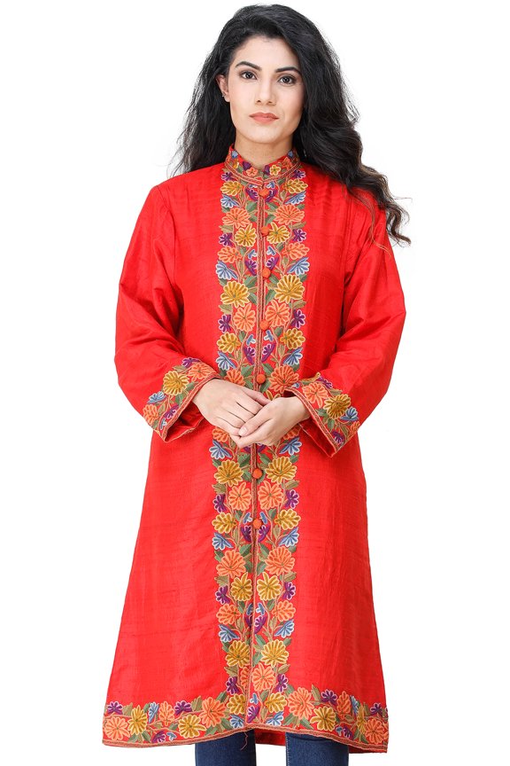 Flame-Scarlet Long Jacket from Kashmir with Aari Hand Embroidery