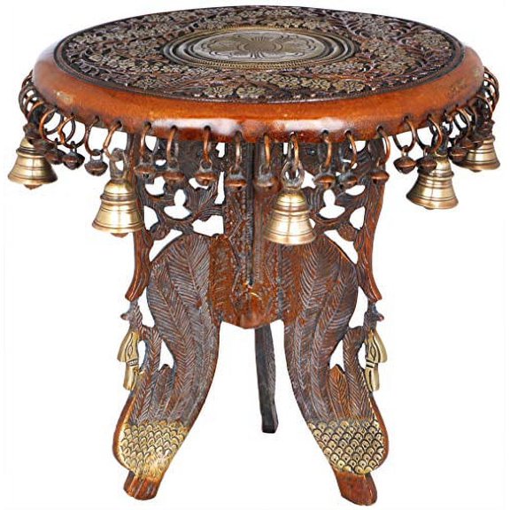 Exotic India Floral Ritual Pedestal with Peacock Legs, Bells and Ghungroos - Brass Statue