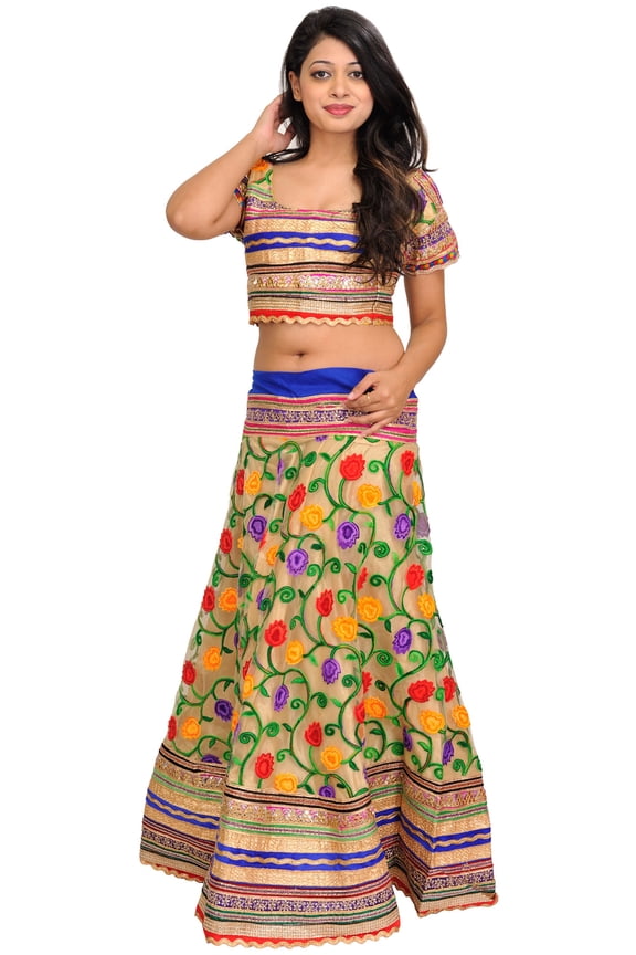 Frosted-Almond Two-Piece Lehenga Choli with Aari-Embroidered Flowers and Gota Patch Border