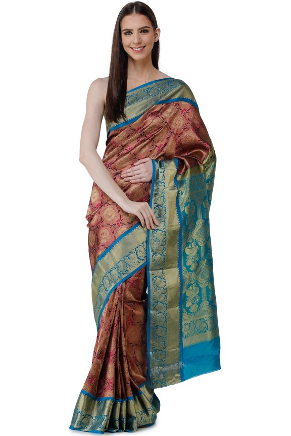 Fuchsia-Purple Brocaded Silk Sari from Bangalore with Peacocks on Border and Heavy Pallu