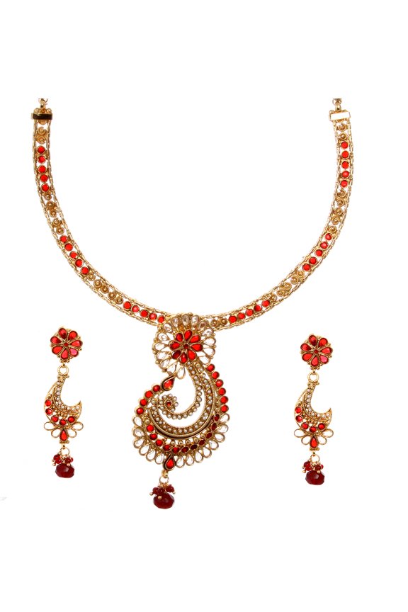 Garnet-Red Polki Necklace Set with Faux Pearl and Designer Paisley Pendant
