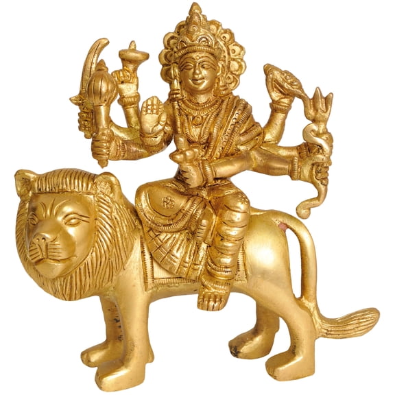 4" Goddess Durga Statue Seated on Lion in Brass | Handmade | Made in India