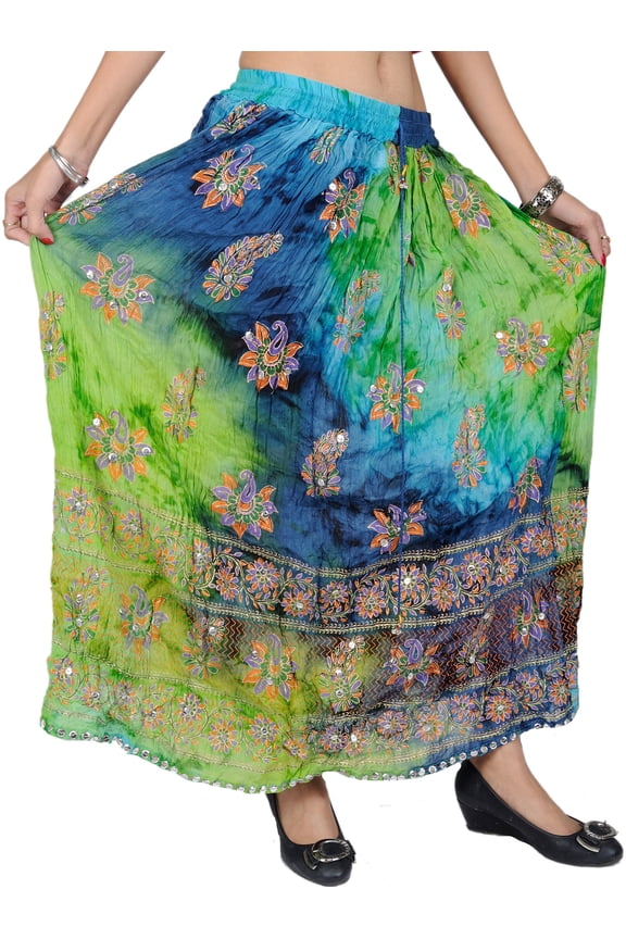 Green Flash Long Skirt with Printed Flowers and Embroidered Sequins