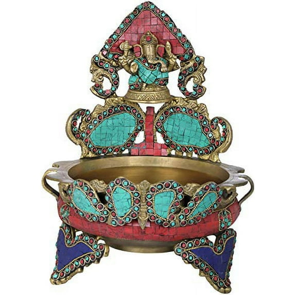 Exotic India Inlay Urli with Ganesha Seated ATOP - Brass Statue with Inlay Work