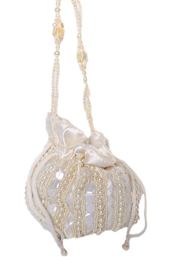 Ivory Potli Drawstring Bag with Embroidered Beads and Faux Pearls